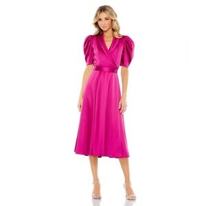 Mac Duggal NWT 26628 SATIN LAPEL PUFF SLEEVE TEA LENGTH DRESS